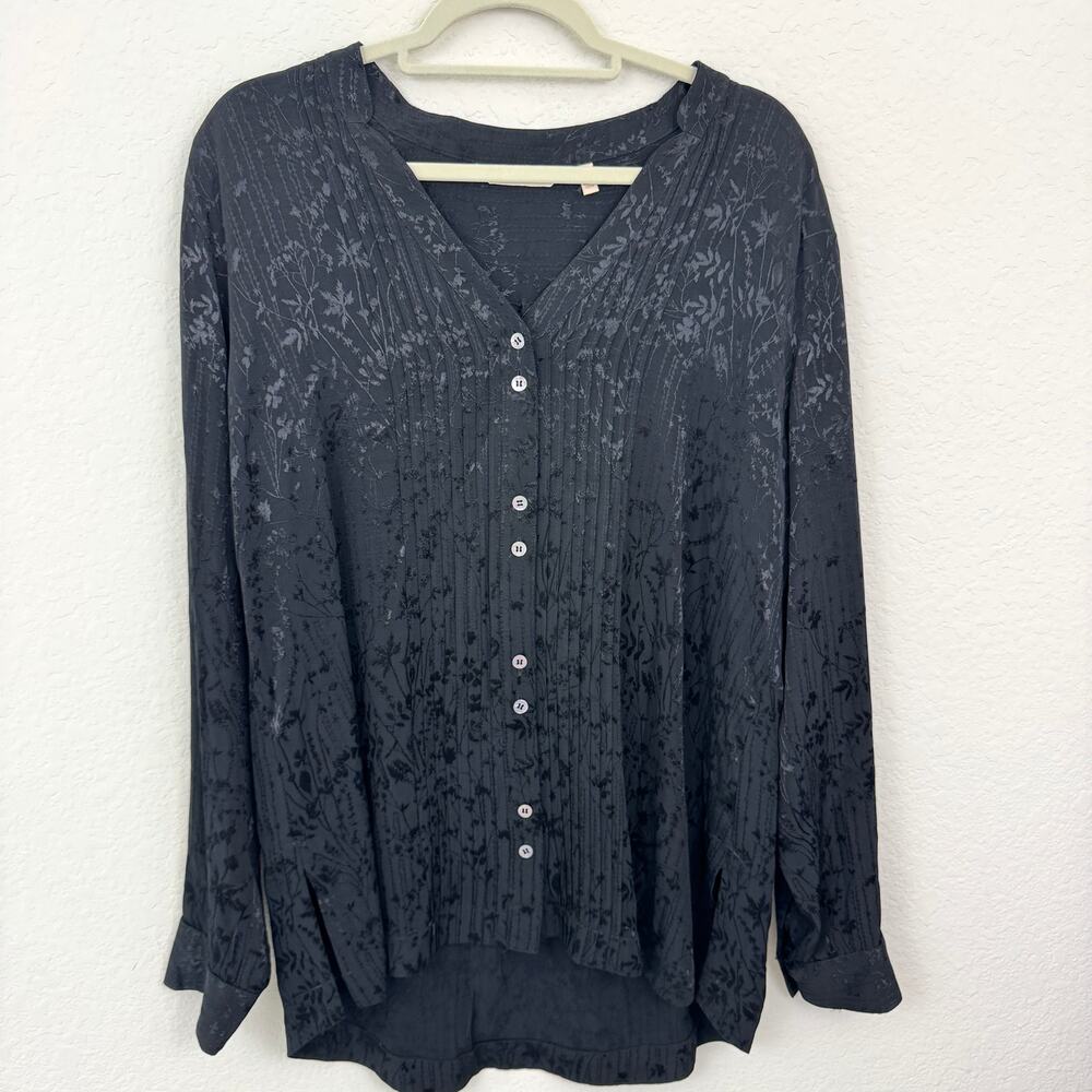 Soft Surroundings Womens Button Front BLouse Size L Floral Flowy Black